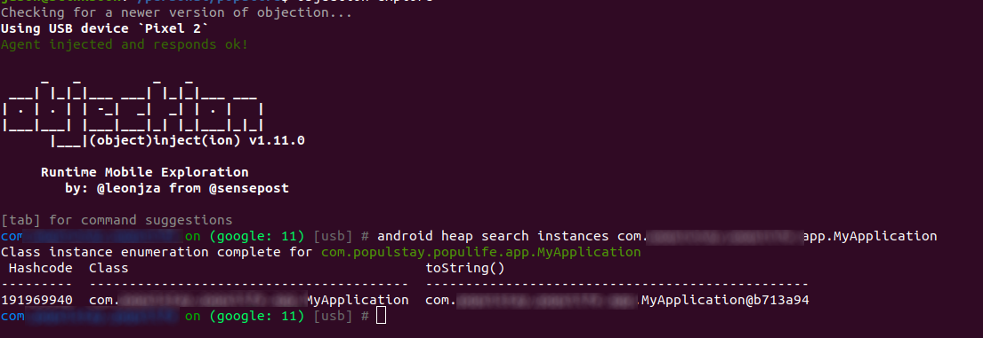 Objection console used to find an instance of MyApplication